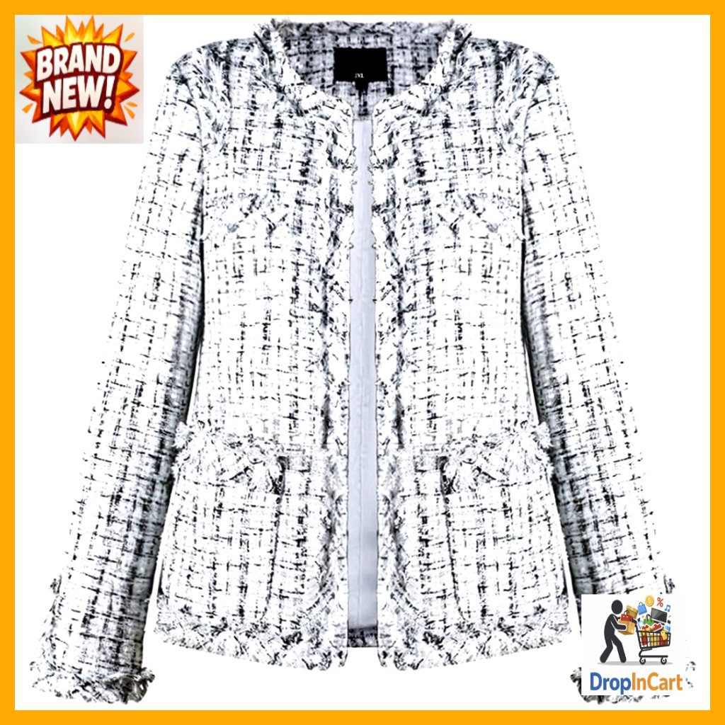 Elegant Plaid Tweed Blazer Collarless Open Front Fringed Slim Fit Business Chic